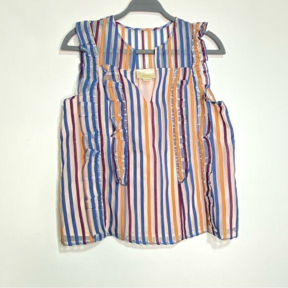 Anthro Maeve Elisabetta Striped Sleeveless Ruffle V Neck Top 2 - Picture 1 of 12